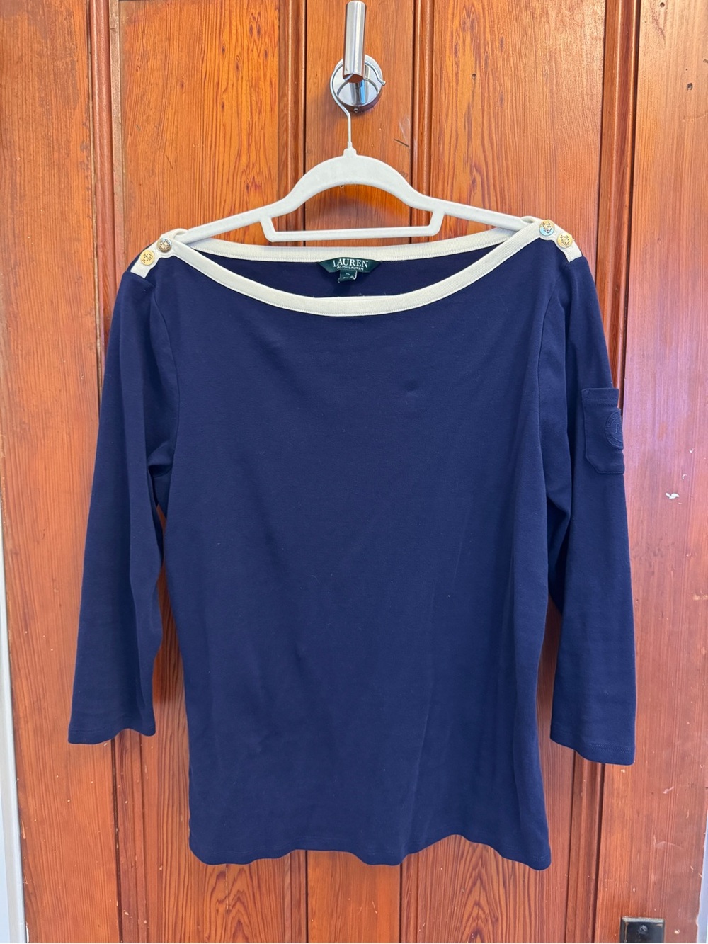 Lauren Ralph Lauren Navy Boatneck Top with Cream Trim and golf buttons. Size xL